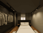 Quarto moderno com cama de casal, armário com portas de tela preta, iluminação de trilho e decoração minimalista, projetado pela Carbono Design no Living Wish Santo Amaro.