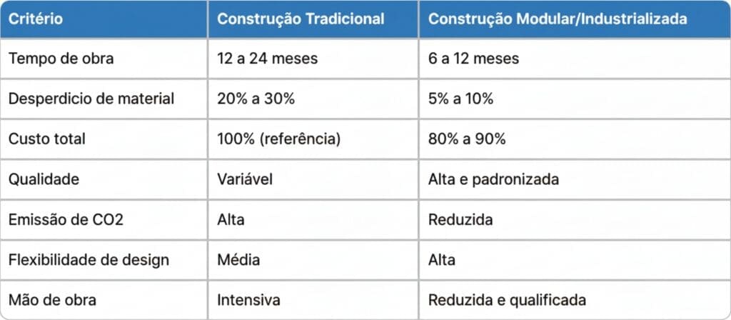 Tabela comparativa entre construção tradicional e construção modular/industrializada, destacando tempo de obra, desperdício de material, custo, qualidade, emissão de CO2, flexibilidade de design e mão de obra.