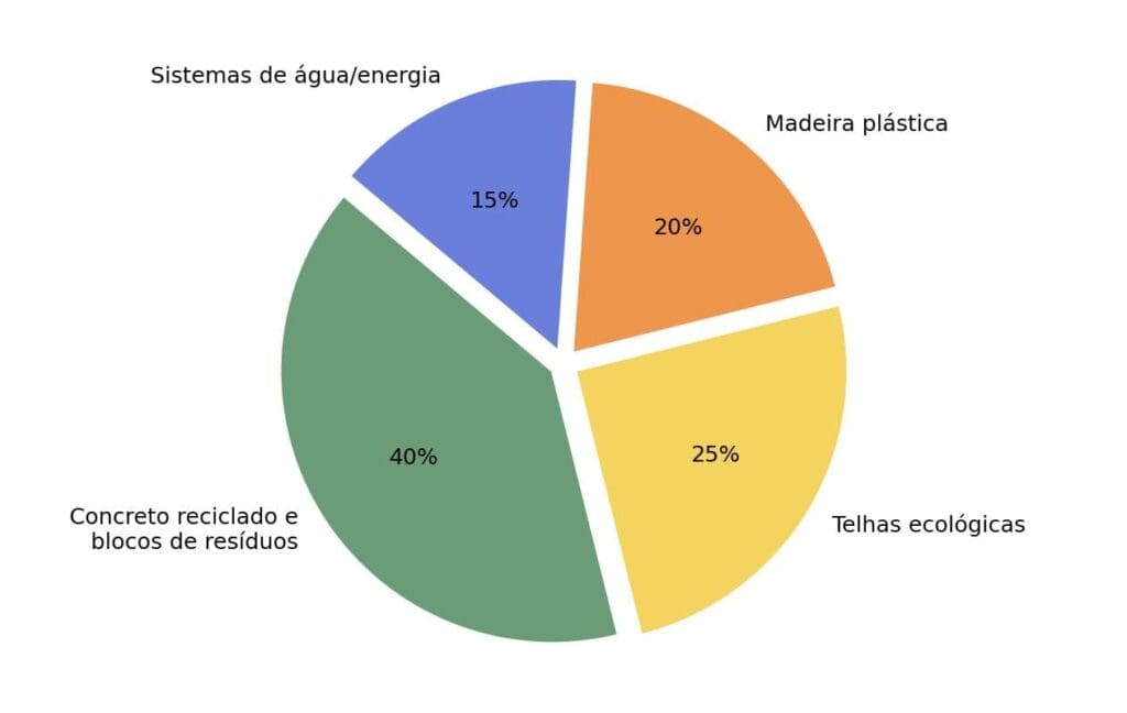 Gráfico de pizza mostrando a distribuição dos materiais circulares mais utilizados na construção civil: concreto reciclado e blocos de resíduos, telhas ecológicas, madeira plástica e sistemas de água/energia.