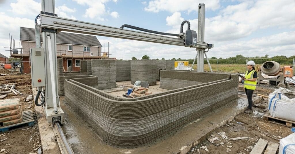 Canteiro de obra digitalizado com Impressora 3D de Concreto, tecnologia que impulsiona a gestão de projetos.