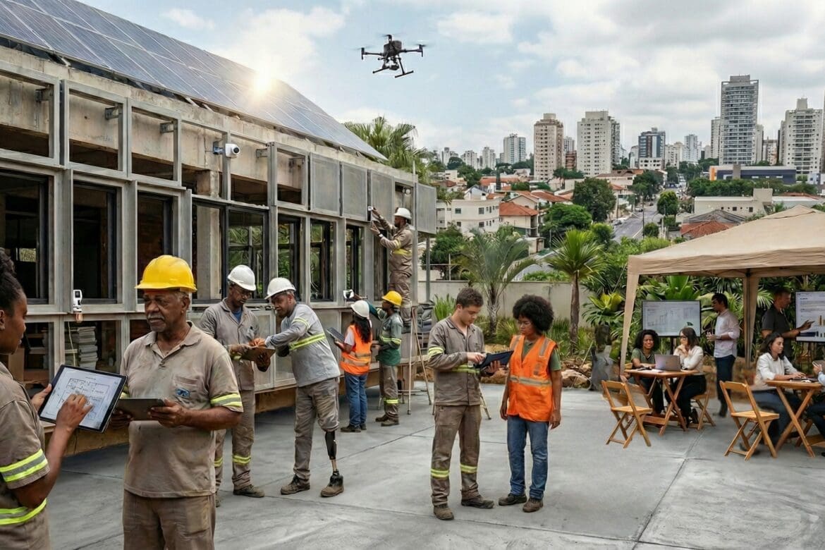Canteiro de obras brasileiro moderno com painéis modulares sendo instalados, painéis solares no telhado, equipe diversa de profissionais, vegetação tropical ao redor, equipamentos digitais e área colaborativa ao fundo.