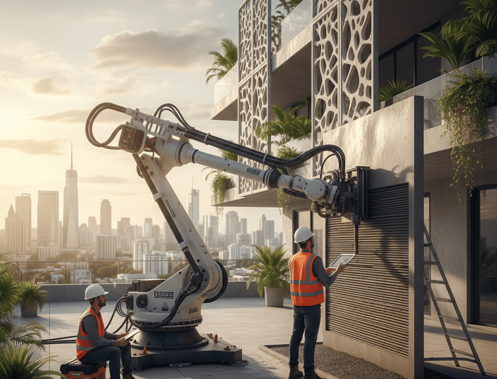 Robô de impressão 3D em canteiro de obras, construindo parede de concreto em prédio moderno com trabalhadores observando. Otimização e tecnologia na construção civil.