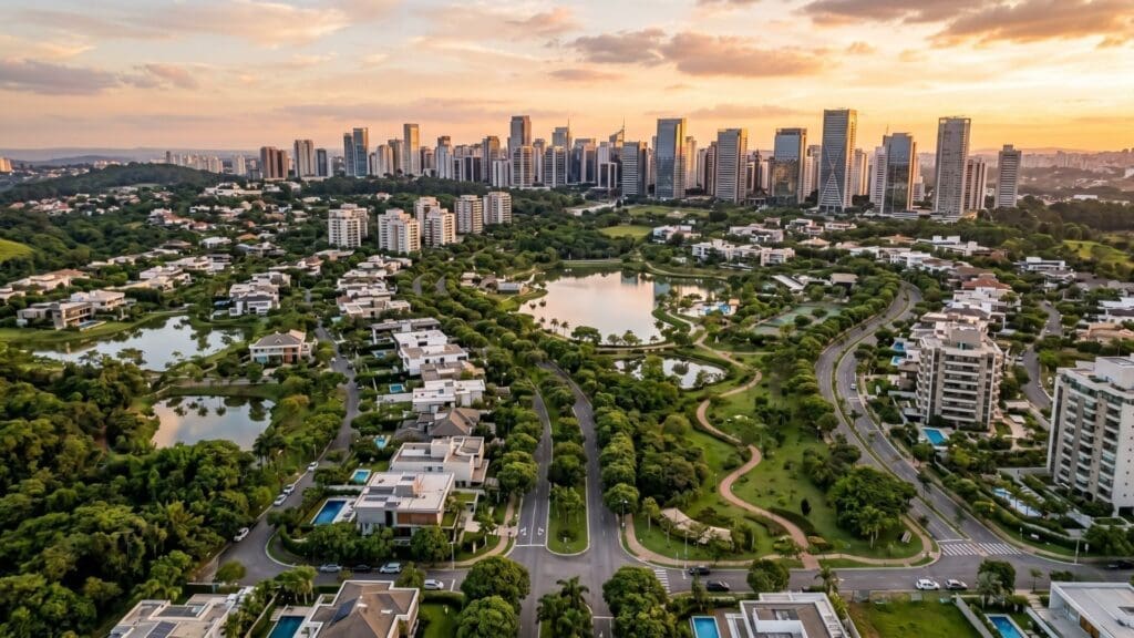 Vista aérea de Alphaville ao entardecer, mostrando condomínios residenciais de alto padrão, áreas verdes, lagos e o skyline de prédios modernos ao fundo.