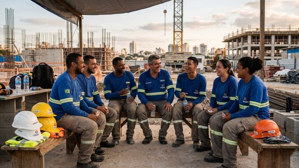 Equipe diversa de trabalhadores da construção civil, uniformizados, sentados em círculo e sorrindo durante uma pausa no canteiro de obras ao entardecer, transmitindo integração, bem-estar e espírito de equipe.