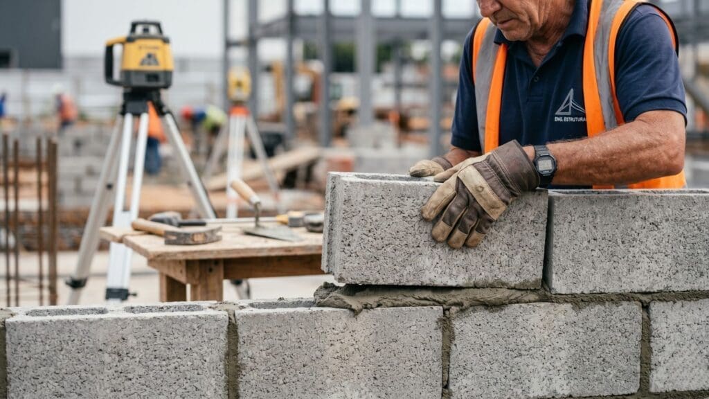 Operário assentando bloco de concreto em obra de alvenaria estrutural, com equipamentos de medição ao fundo, representando precisão e tecnologia na construção civil.