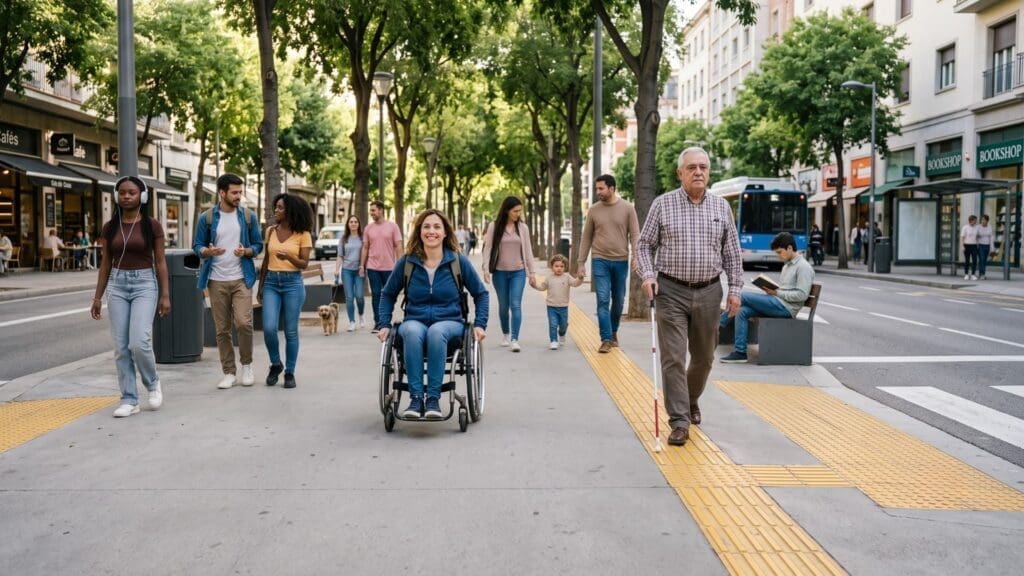 Calçada acessível em área urbana, com piso tátil e pessoas diversas circulando, incluindo uma mulher em cadeira de rodas e um homem com deficiência visual utilizando bengala, demonstrando inclusão e mobilidade segura.
