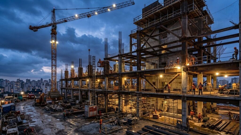 Canteiro de obras de edifício em construção com estrutura de concreto e aço, guindaste e operários ao entardecer numa cidade brasileira.