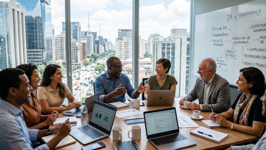 Equipe diversa de profissionais discute governança em IA em sala de reunião moderna, com laptops e quadro branco ao fundo, em ambiente corporativo com vista para a cidade.