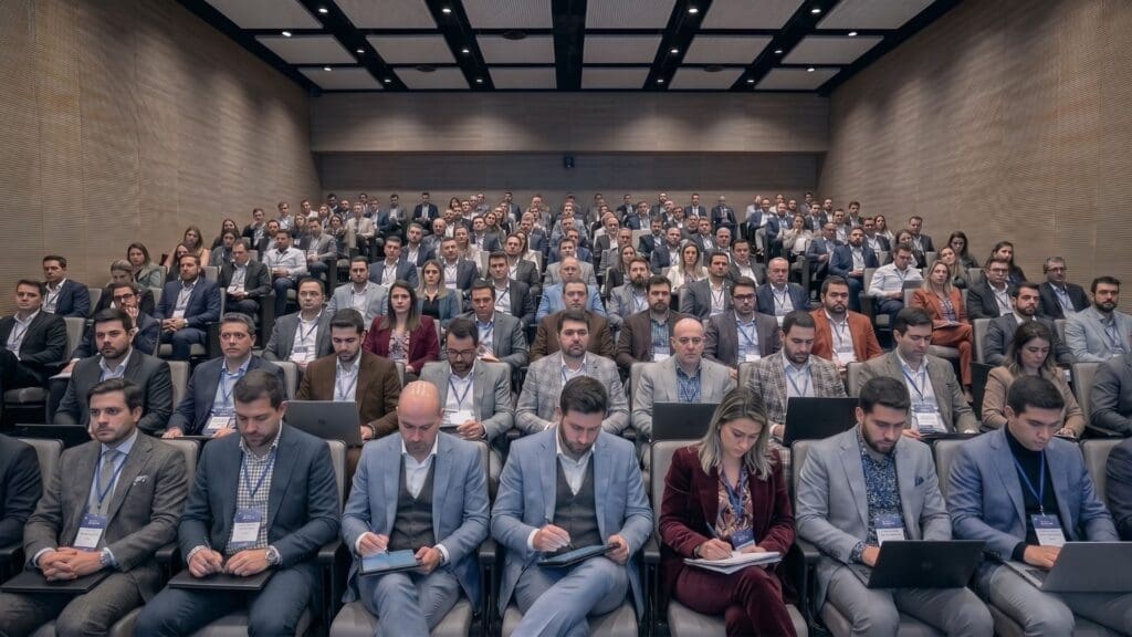 Auditório lotado de profissionais do setor imobiliário participando de palestra na Convenção Secovi-SP 2026, todos atentos e fazendo anotações.