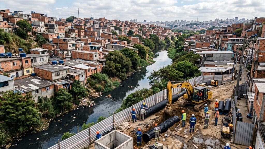 Obra de saneamento básico em comunidade urbana de São Paulo, com trabalhadores instalando grandes tubulações ao lado de um rio, utilizando escavadeira e equipamentos modernos, cercados por casas populares e vegetação densa.
