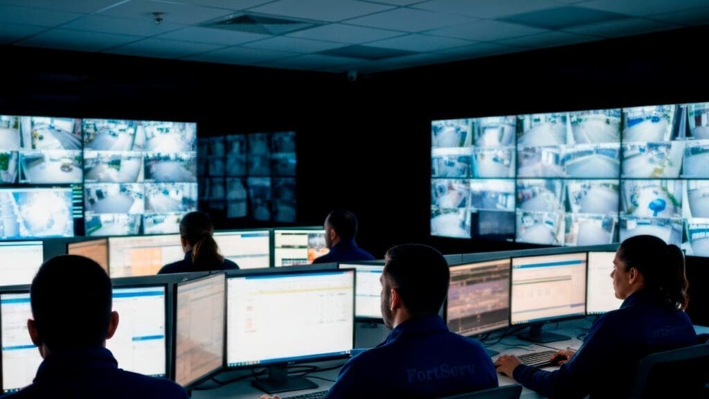 Equipe da FortServ monitora dezenas de câmeras de segurança em tempo real em uma central de monitoramento equipada com múltiplos monitores e painéis de vídeo.