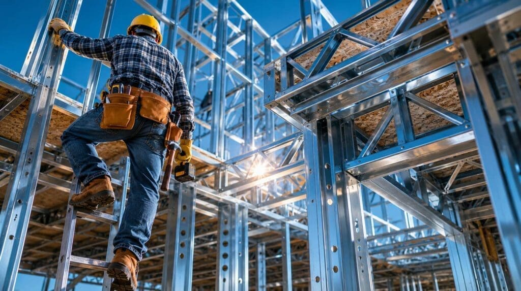 Trabalhador da construção civil com equipamentos de segurança escala estrutura metálica de steel frame em obra industrializada sob céu azul.
