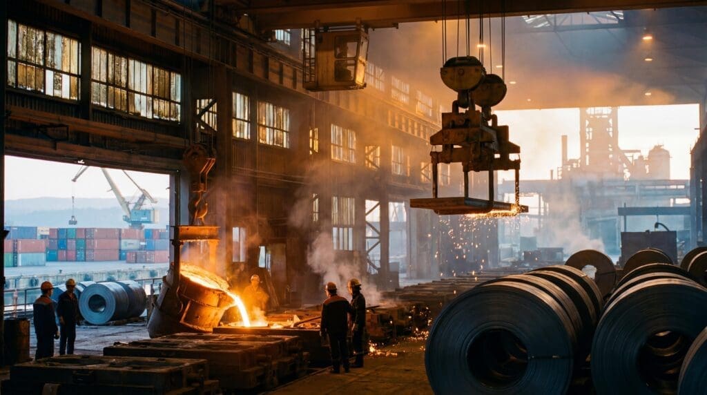 Interior de siderúrgica com metal incandescente sendo vazado, bobinas de aço empilhadas e operários, com porto ao fundo.