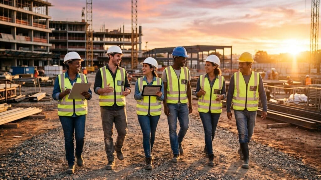 Equipe diversa de engenheiros e engenheiras caminhando e sorrindo em um canteiro de obras ao pôr do sol, usando capacetes e coletes refletivos, demonstrando colaboração e integração no setor da construção civil.