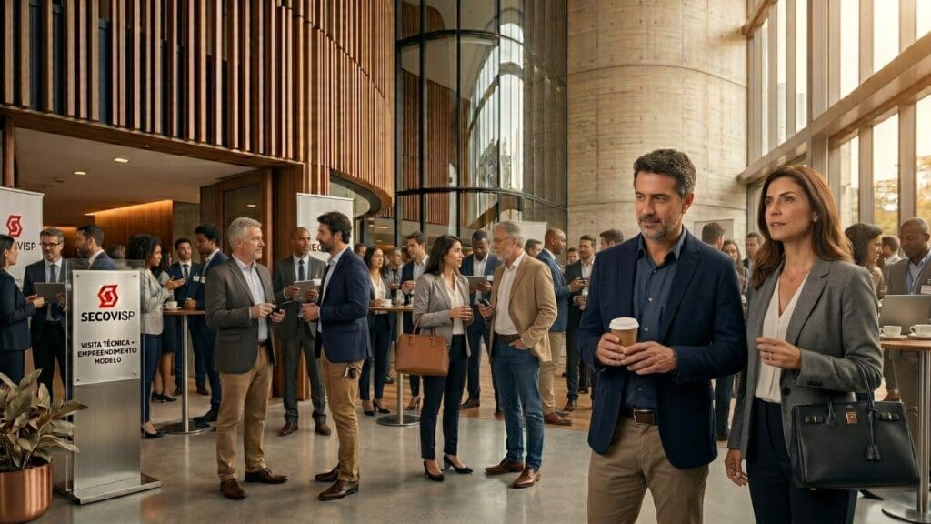 Profissionais do setor imobiliário interagem e fazem networking durante visita técnica da Convenção Secovi-SP 2026 em um ambiente moderno e iluminado.
