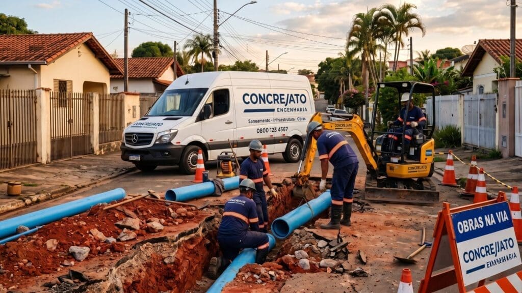 Equipe de trabalhadores da Concreja Engenharia instala tubulações de saneamento básico em rua residencial, utilizando equipamentos modernos e sinalização de segurança, com van e mini escavadeira da empresa ao fundo.