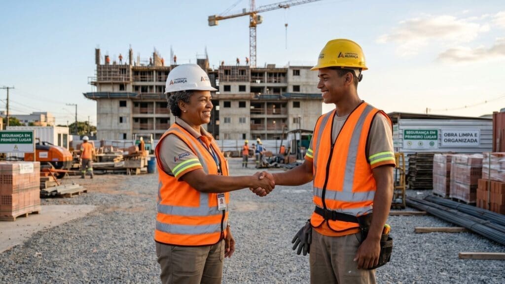 Líder mulher e jovem trabalhador da construção civil, ambos com coletes e capacetes, apertam as mãos sorrindo em um canteiro de obras, simbolizando respeito, confiança e liderança humanizada.