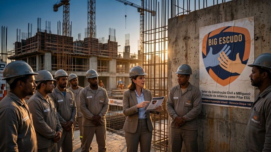 Engenheira da MBigucci orienta equipe de trabalhadores em canteiro de obras durante apresentação do programa Big Escudo, com cartaz de proteção à infância fixado na parede ao fundo.