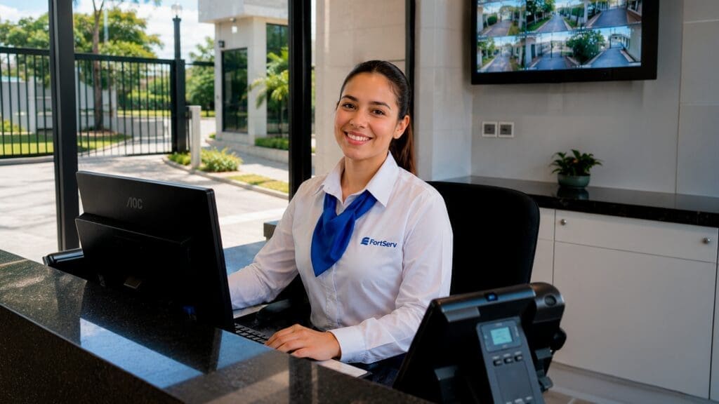 Recepcionista da FortServ sorridente em portaria de condomínio, com monitor de câmeras de segurança ao fundo e ambiente moderno.