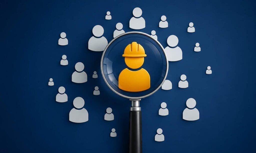 Ícone amarelo de trabalhador da construção civil com capacete é destacado por uma lupa entre vários ícones brancos de pessoas, simbolizando a busca por profissionais qualificados no setor.