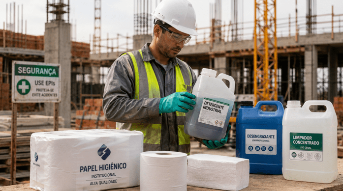 Trabalhador da construção civil com EPI manuseando produtos de higiene e limpeza industrial da Status Pro em canteiro de obras.