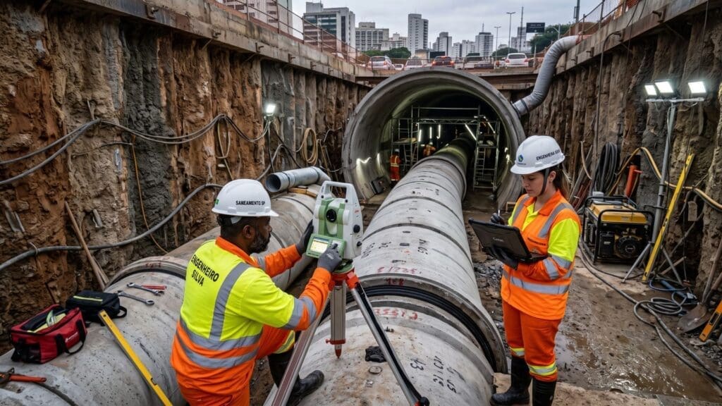 Trabalhadores da Concreja Engenharia instalam tubulações de saneamento básico em uma rua residencial, utilizando equipamentos modernos, mini escavadeira e sinalização de segurança, com van da empresa ao fundo.