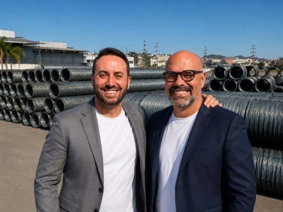 Viga estrutural pré-armada sendo movimentada por ponte rolante na fábrica da Aços Urano, com supervisão dos fundadores Thiago Campos e Leonardo Gonçalves.
