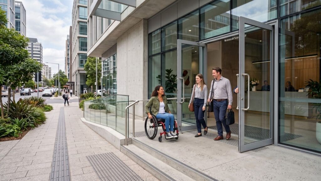 Entrada acessível de edifício corporativo moderno, com rampa, corrimão e piso tátil, onde uma mulher em cadeira de rodas e dois colegas saem juntos, demonstrando inclusão e acessibilidade no ambiente urbano.