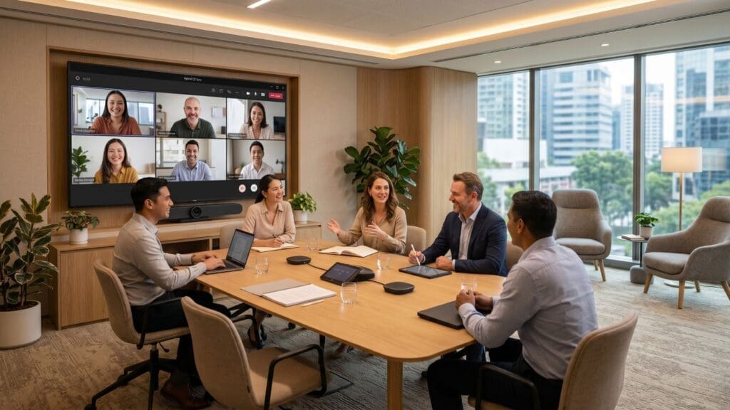 Reunião híbrida em sala corporativa moderna, com profissionais ao redor de uma mesa e participantes em videoconferência exibidos em uma grande tela, ambiente iluminado e vista urbana ao fundo.