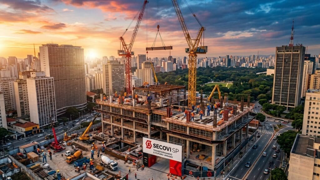 Obra de construção civil em andamento no centro de São Paulo ao pôr do sol, com gruas, trabalhadores e placa da Secovi-SP destacando transformação urbana.