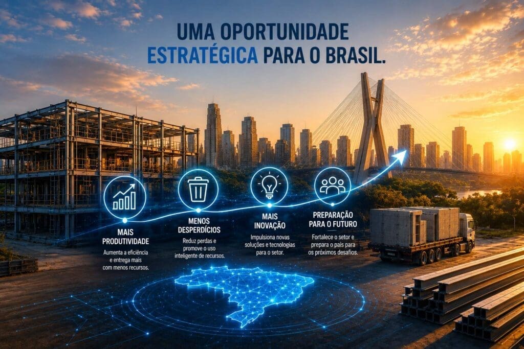 Imagem de canteiro de obras industrializado ao pôr do sol, com elementos gráficos destacando produtividade, redução de desperdícios, inovação e preparação para o futuro, tendo ao fundo a Ponte Estaiada e o skyline de São Paulo.