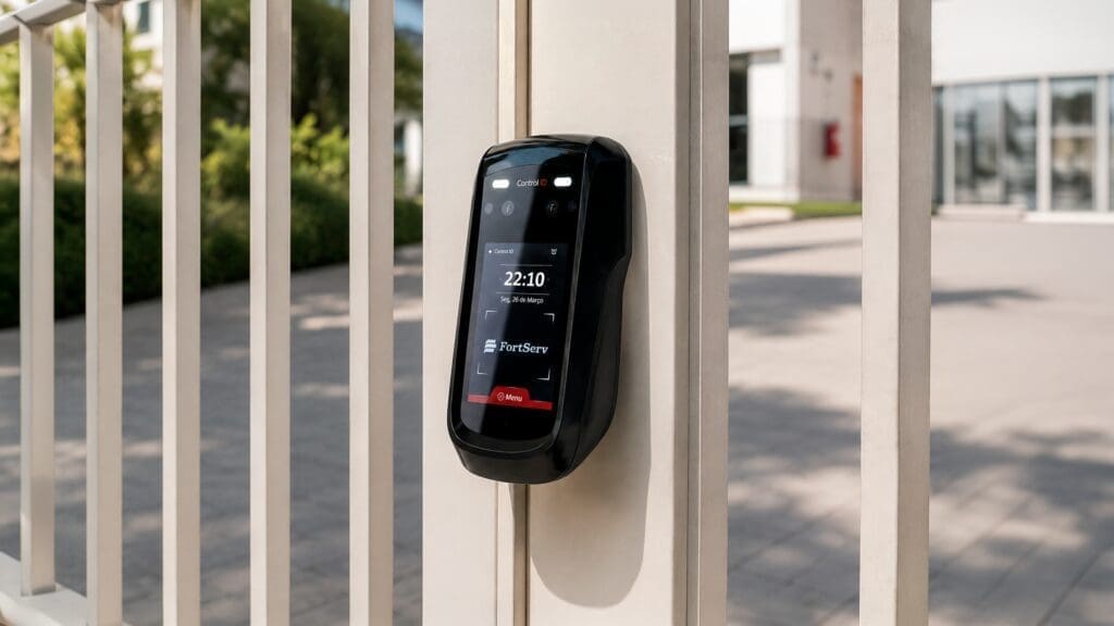 Dispositivo de controle de acesso FortServ instalado em portão de condomínio, exibindo tela digital com informações de horário e menu de acesso.