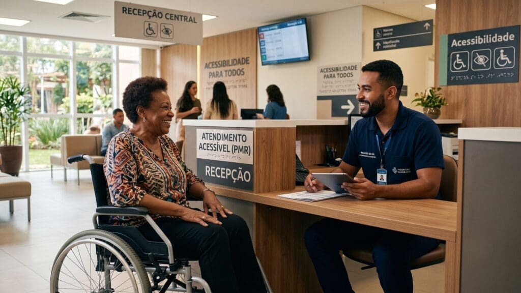 Recepção acessível em ambiente hospitalar, com balcão rebaixado, sinalização de acessibilidade e atendimento cordial a uma mulher em cadeira de rodas, evidenciando inclusão e autonomia.