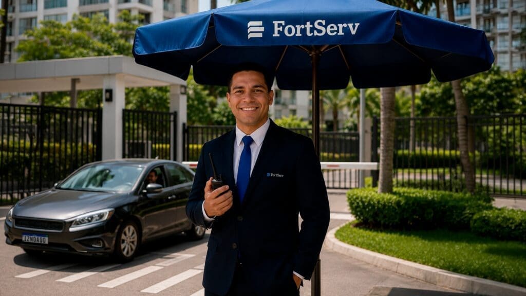 Profissional de segurança FortServ uniformizado, sorrindo e segurando rádio comunicador, em frente à portaria de condomínio, sob guarda-sol personalizado da empresa, com carro entrando ao fundo.