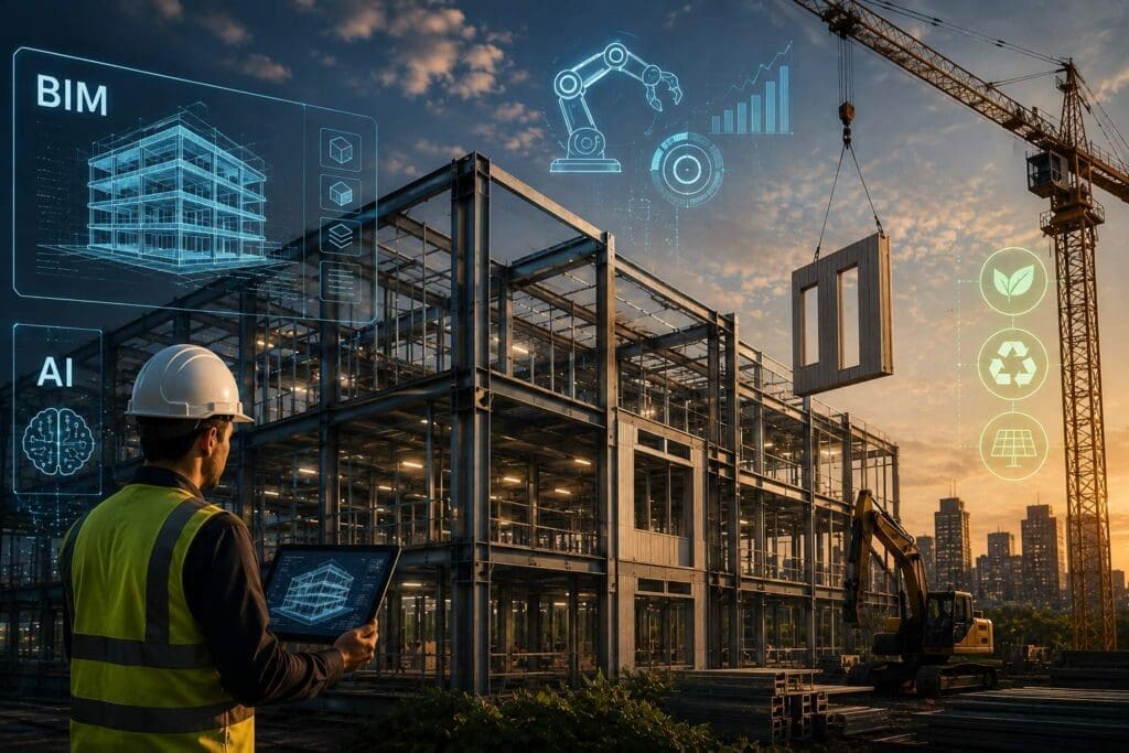 Engenheiro com tablet monitora obra industrializada com estrutura metálica, enquanto ícones digitais de BIM, inteligência artificial, automação e sustentabilidade ilustram a integração de tecnologia avançada na construção civil.