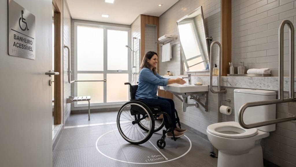 Banheiro acessível moderno, com barras de apoio, área de giro demarcada e pia suspensa, utilizado por uma mulher em cadeira de rodas, evidenciando autonomia e conforto no uso do espaço.