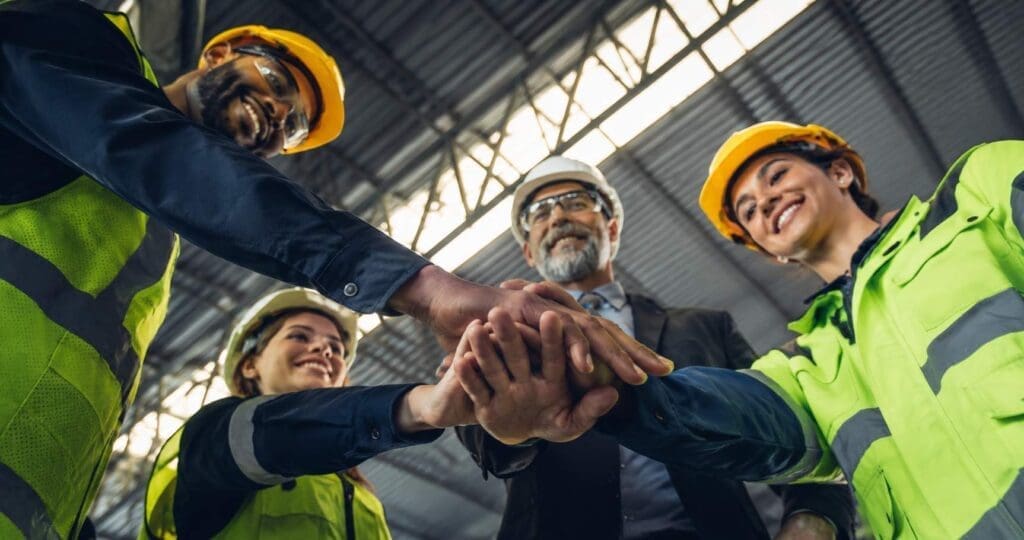 Equipe de profissionais da construção civil, com capacetes e coletes de segurança, une as mãos em gesto de colaboração e trabalho em equipe dentro de um galpão industrial.