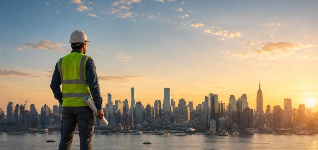 Engenheiro com capacete e colete refletivo observa o horizonte de uma grande cidade ao pôr do sol, simbolizando o planejamento e a construção do futuro urbano.