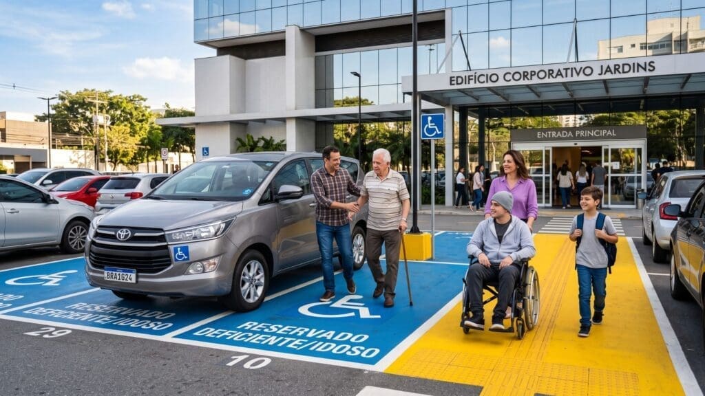 Estacionamento acessível em frente a edifício corporativo, com vagas demarcadas para pessoas com deficiência e idosos, mostrando pessoas utilizando as vagas, incluindo um idoso com bengala e um jovem em cadeira de rodas, acompanhados por familiares, evidenciando inclusão e mobilidade segura.