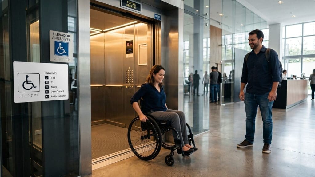Mulher em cadeira de rodas saindo de um elevador acessível em edifício moderno, com sinalização em Braille e acompanhante aguardando, demonstrando autonomia e inclusão no transporte vertical.