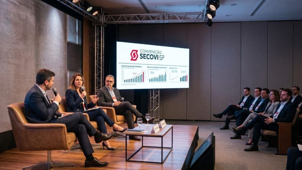 Painel de especialistas discute tendências do mercado imobiliário durante a Convenção Secovi-SP 2026, com público atento e gráficos de crescimento projetados no telão.