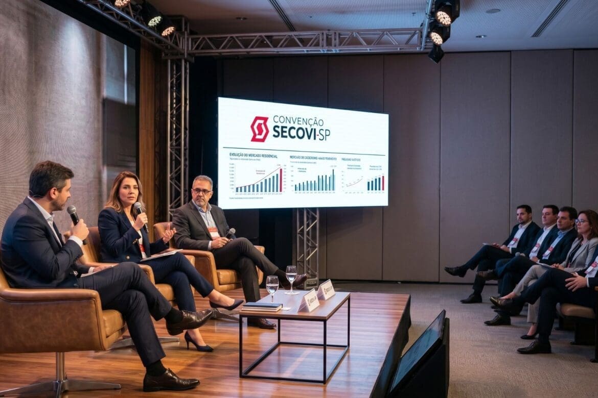 Painel de especialistas discute tendências do mercado imobiliário durante a Convenção Secovi-SP 2026, com público atento e gráficos de crescimento projetados no telão.
