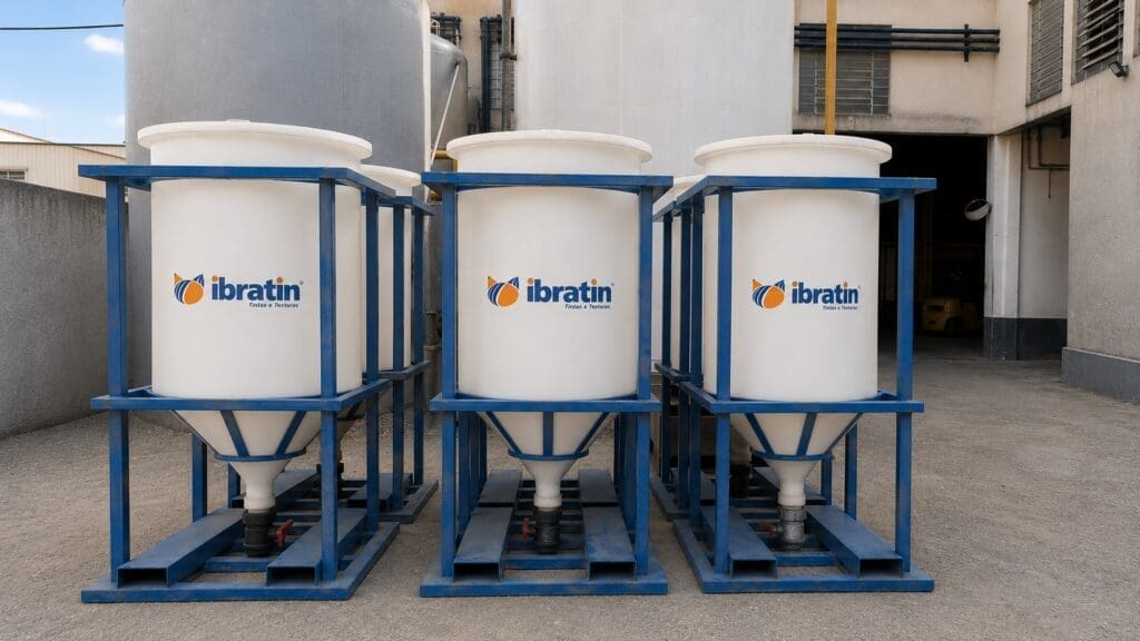 Silos retornáveis da Ibratin alinhados em área industrial, prontos para abastecimento de grandes obras na construção civil.