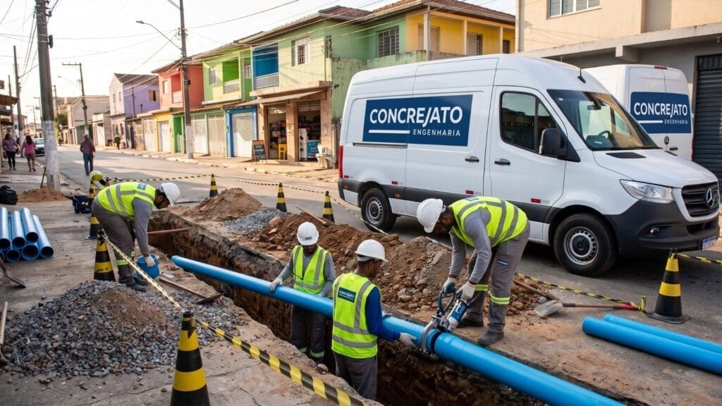Equipe de trabalhadores da Concrejato Engenharia instala tubulação de saneamento básico em rua urbana, utilizando equipamentos modernos e seguindo rigorosos protocolos de segurança, com vans da empresa ao fundo e casas populares ao redor.