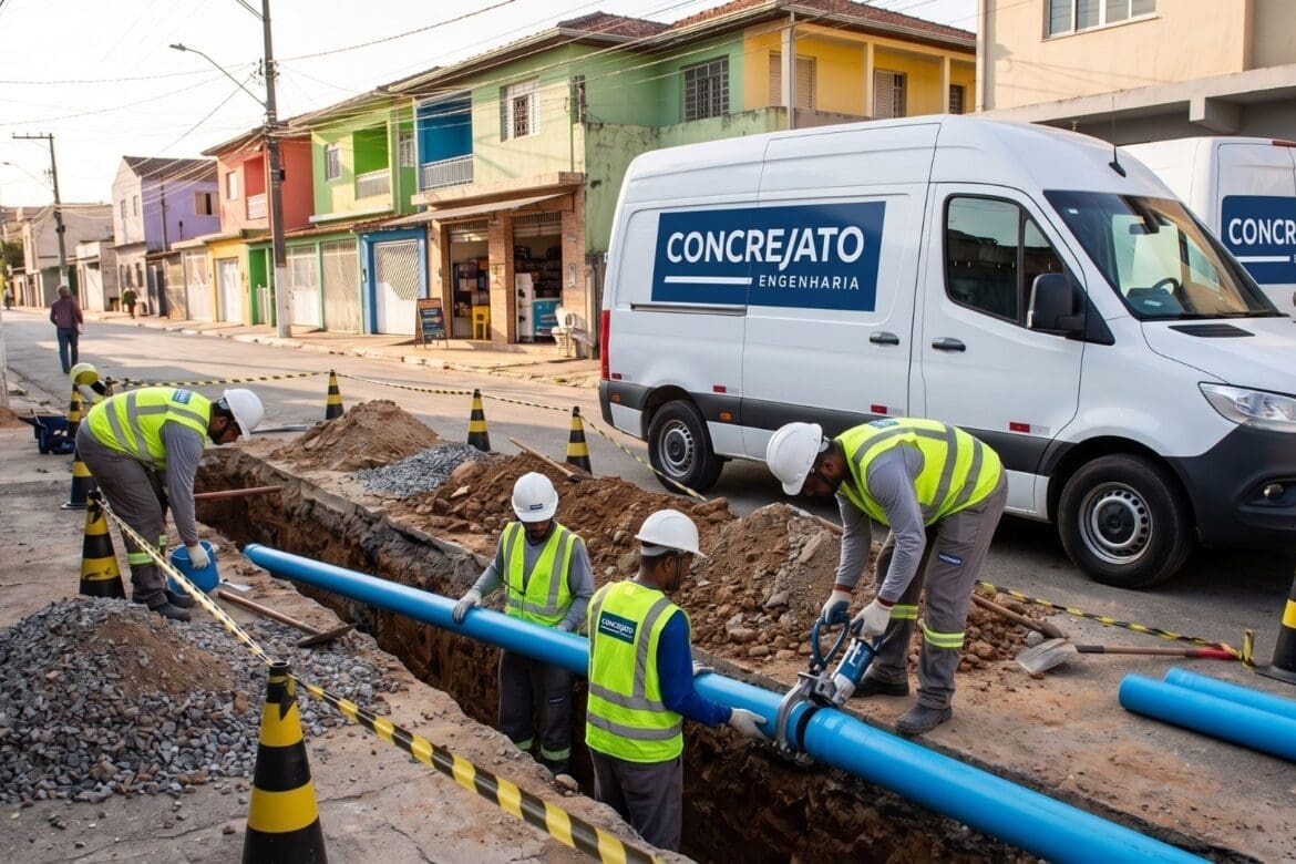 Equipe de trabalhadores da Concrejato Engenharia instala tubulação de saneamento básico em rua urbana, utilizando equipamentos modernos e seguindo rigorosos protocolos de segurança, com vans da empresa ao fundo e casas populares ao redor.