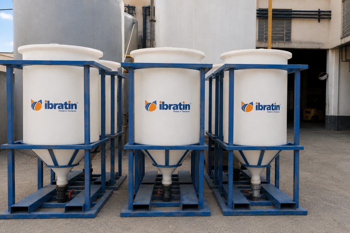 Silos retornáveis da Ibratin alinhados em área industrial, prontos para abastecimento de grandes obras na construção civil.