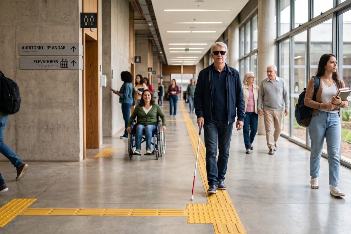 Corredor amplo e moderno de edifício público com piso tátil, pessoas diversas circulando, incluindo uma mulher em cadeira de rodas e um homem com deficiência visual utilizando bengala, demonstrando acessibilidade e inclusão.