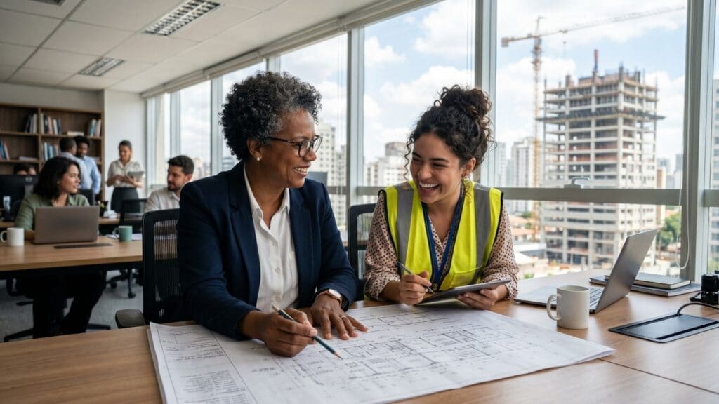 Duas engenheiras, uma mais experiente e outra jovem, analisam plantas de obra e sorriem em um escritório moderno com vista para um canteiro de construção civil ao fundo.