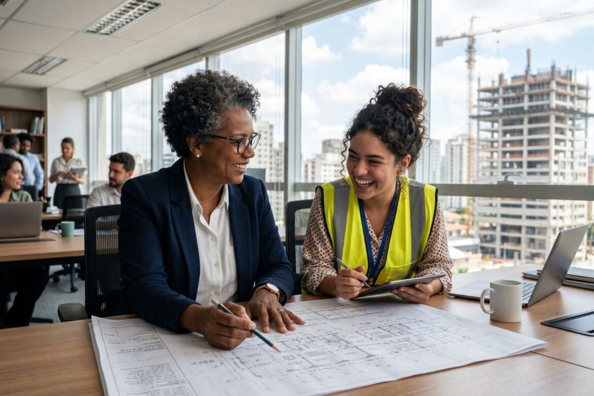 Duas engenheiras, uma mais experiente e outra jovem, analisam plantas de obra e sorriem em um escritório moderno com vista para um canteiro de construção civil ao fundo.