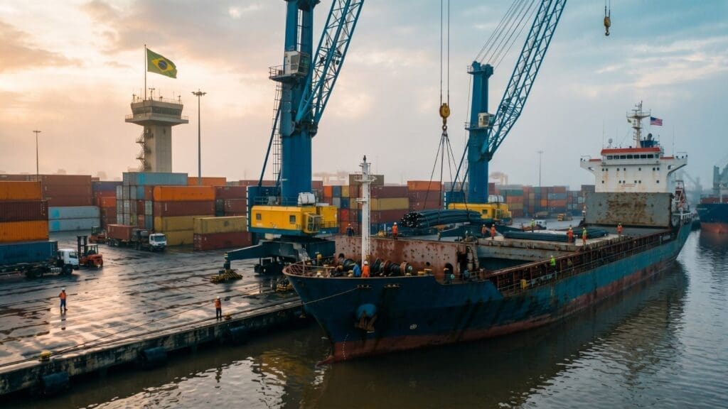 Navio cargueiro carregado de aço sendo descarregado por guindastes em porto brasileiro, com bandeira do Brasil ao fundo ao amanhecer